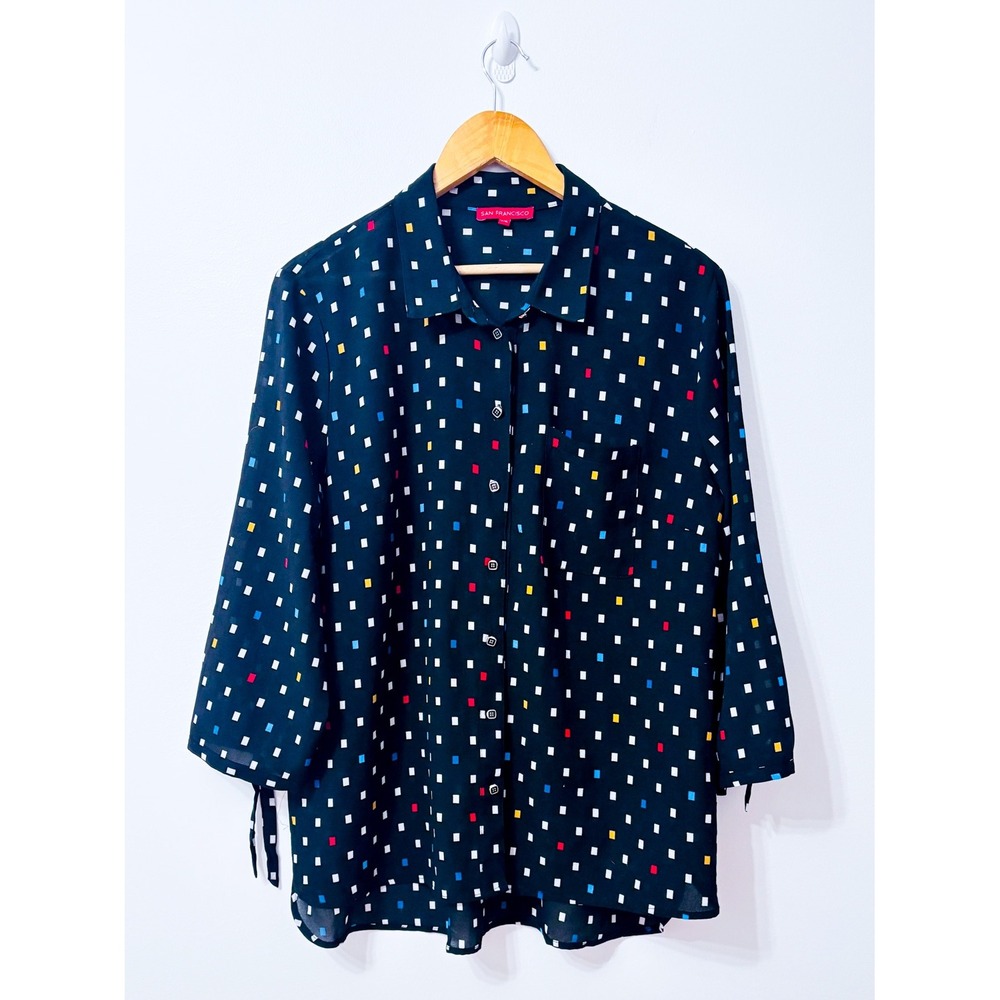 SAN FRANCISCO Black Multicolor Geometric Print Button Front Tunic Blouse X-Large
